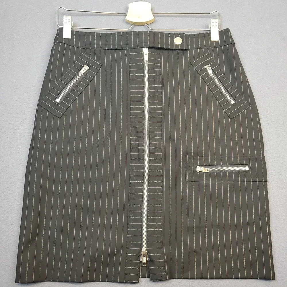 BEBE Y2K Black Pink Pinstripe Pencil Skirt Exposed Zippers Women's Size 6